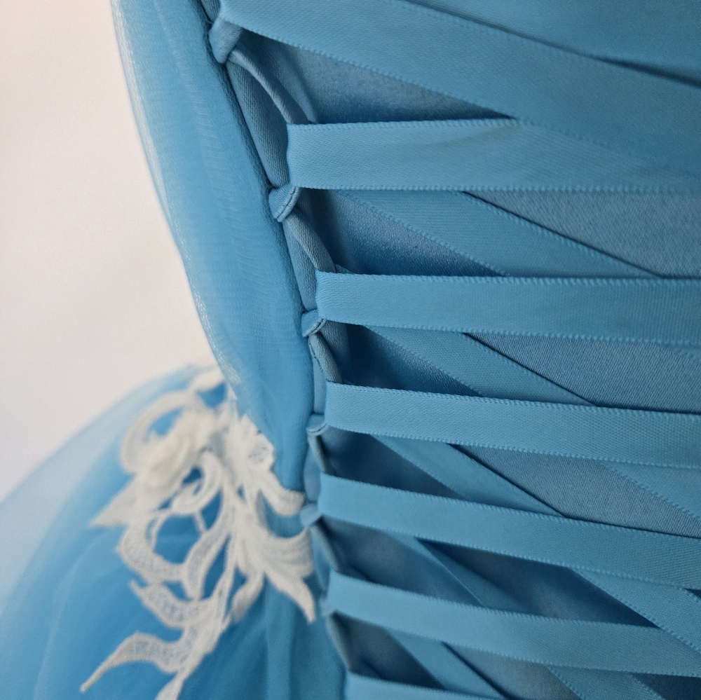 Mila Hoffman Custom Couture Ball Gown, Blue Topaz, White Floral Emroidered Waist - Picture 14 of 17
